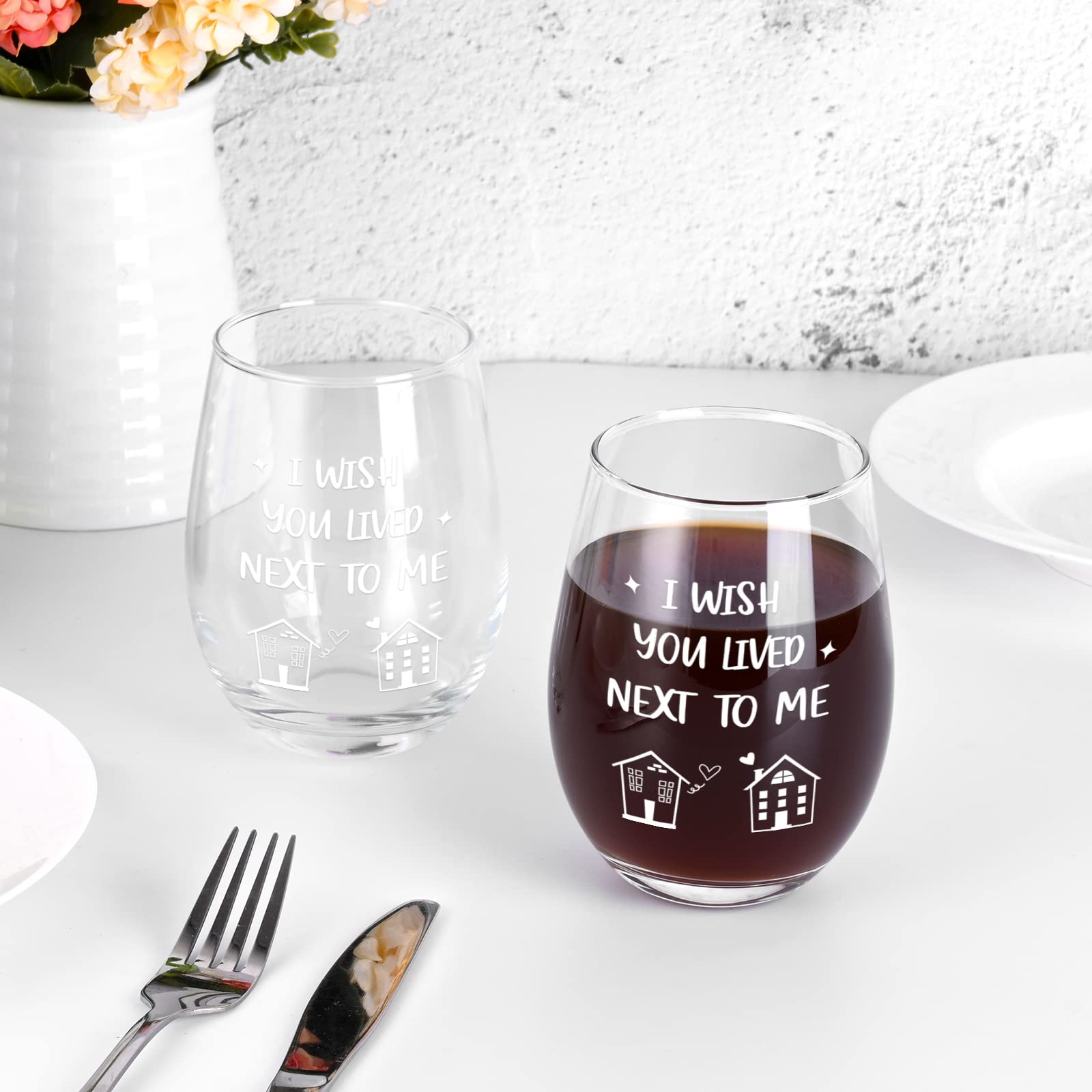 Modwnfy Friendship Gifts for Women Friends, I Wish You Lived Next To Me Stemless Wine Glass Gifts for Friend Best Friend Bestie Sisters, Long Distance Friendship Gifts for Birthday Christmas 17 Oz