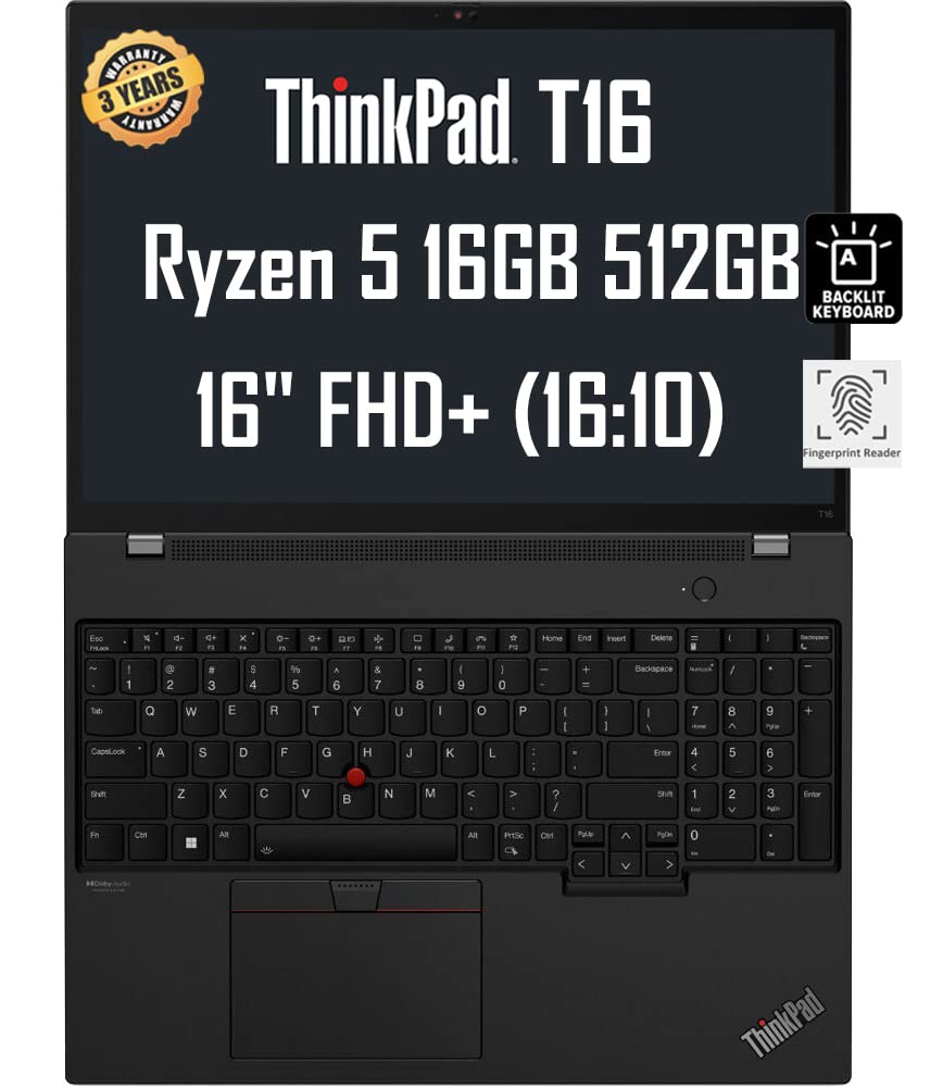 Lenovo ThinkPad T16 Business Laptop (16" FHD+, AMD Ryzen 5 PRO 6650U, 16GB DDR5 RAM, 512GB SSD, 6-Core (Beat i7-1250U)), Fingerprint, Backlit, FHD Webcam, Wi-Fi 6E, 3-Year WRT, Win 10 / 11 Pro, Black