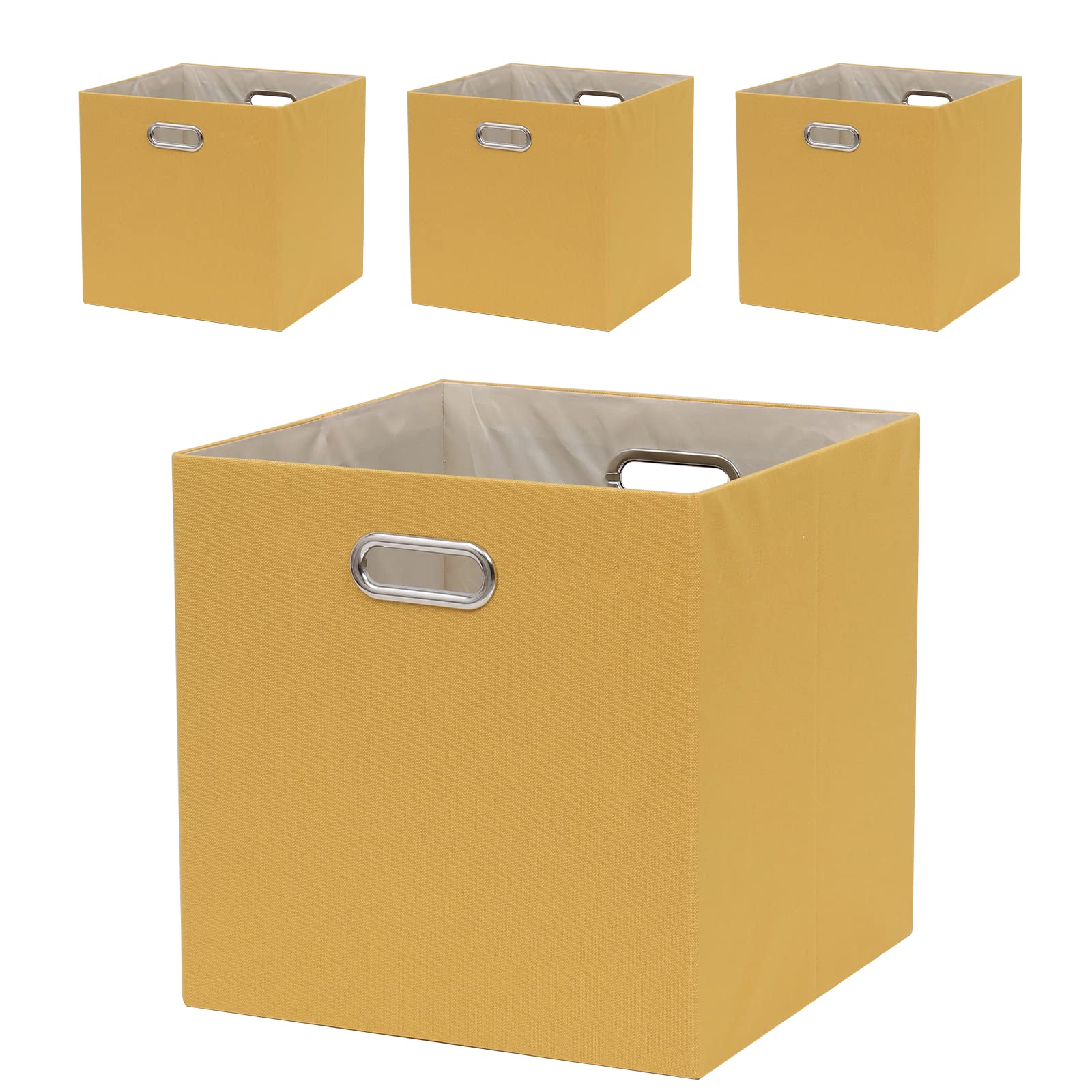 Fboxac Collapsible Organization Basket Fabric Foldable Box with Handles, 13x13 Cube Storage Bins Set of 4, Thick and Heavy Duty Storage Baskets for Shelves Kallax Bedroom Dormitory Toy Clothes, Yellow