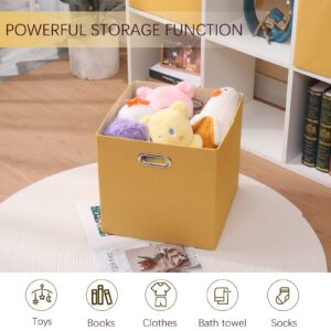Fboxac Collapsible Organization Basket Fabric Foldable Box with Handles, 13x13 Cube Storage Bins Set of 4, Thick and Heavy Duty Storage Baskets for Shelves Kallax Bedroom Dormitory Toy Clothes, Yellow