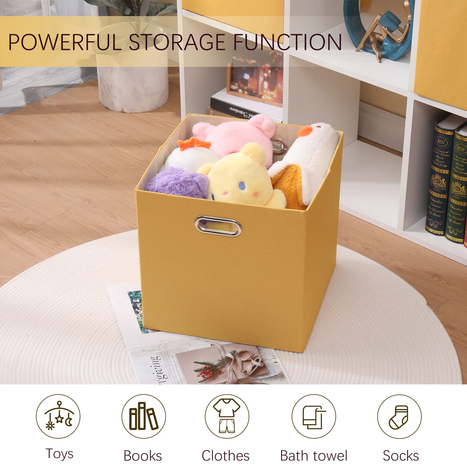 Fboxac Collapsible Organization Basket Fabric Foldable Box with Handles, 13x13 Cube Storage Bins Set of 4, Thick and Heavy Duty Storage Baskets for Shelves Kallax Bedroom Dormitory Toy Clothes, Yellow