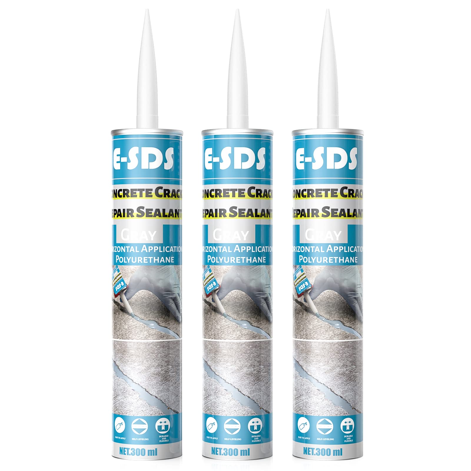 E-SDS Concrete Crack Filler and Sealant Self-Leveling, Polyurethane Construction Crack Flexible Sealant Sealing Horizontal Cracks, Gray 10.5 fl. oz (3 Pack)