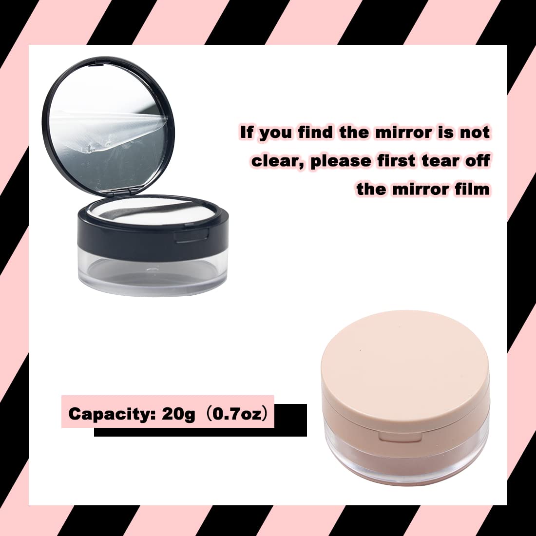 ELANE 2 Pcs Empty Powder Container with Puff,Loose Powder Compact with Mirror And Puff Empty Powder Compact,Makeup Powder Container (pink,black)