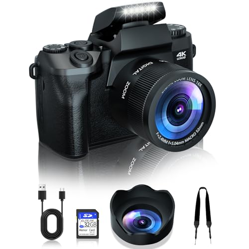 Digital Camera for Photography VJIANGER 4K Vlogging Camera 64MP Mirrorless Camera with Dual Camera, WiFi, 52mm Fixed Lens, 4.0" Touch Screen, 32GB SD Card(W05-Black1)