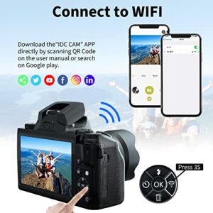 Digital Camera for Photography VJIANGER 4K Vlogging Camera 64MP Mirrorless Camera with Dual Camera, WiFi, 52mm Fixed Lens, 4.0" Touch Screen, 32GB SD Card(W05-Black1)