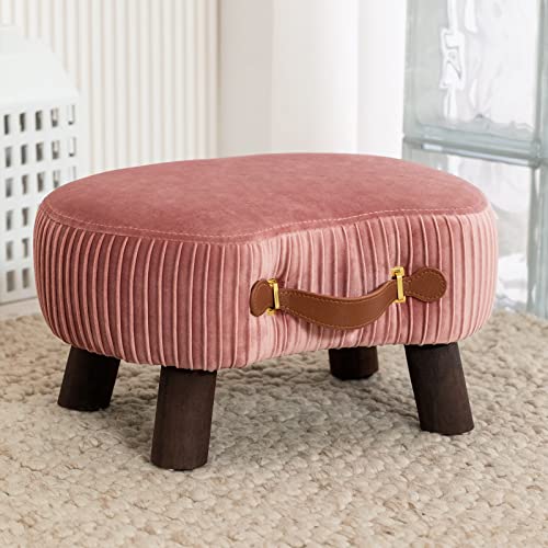 Small Curved Foot Stool with Handle, Pink Velvet Footstool and Ottomans, Modern Foot Rest with Wooden Legs, Step Stool with Padded Seat for Couch, Living Room