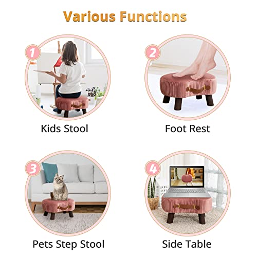 Small Curved Foot Stool with Handle, Pink Velvet Footstool and Ottomans, Modern Foot Rest with Wooden Legs, Step Stool with Padded Seat for Couch, Living Room