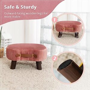 Small Curved Foot Stool with Handle, Pink Velvet Footstool and Ottomans, Modern Foot Rest with Wooden Legs, Step Stool with Padded Seat for Couch, Living Room