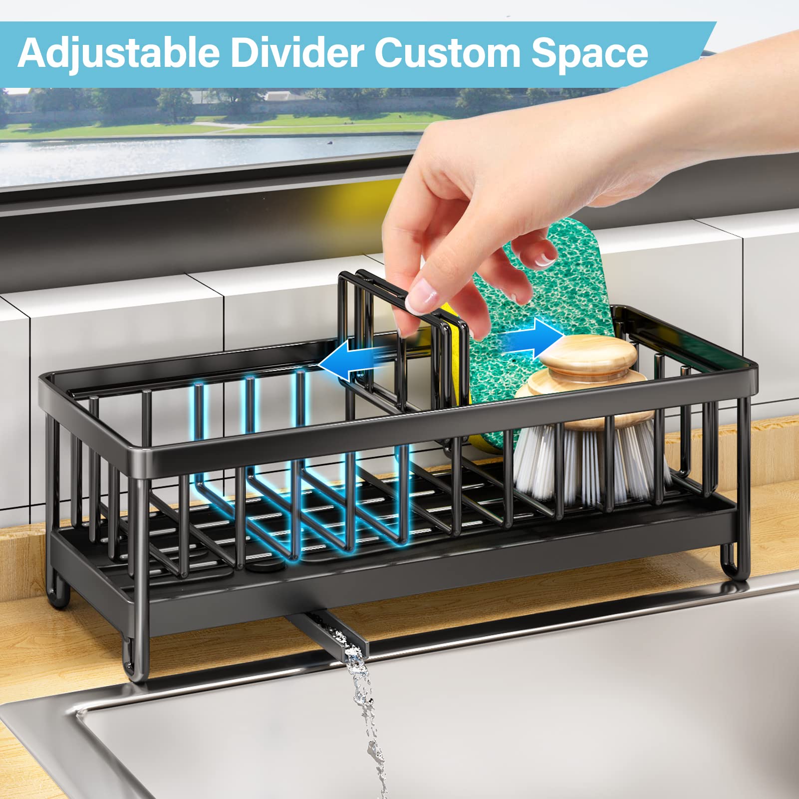 Sponge Holder for Kitchen Sink, Kitchen Sink Caddy, 304 Stainless Steel Dish Sponge Organizer with Divider, Soap Dispenser Brush Holder Storage