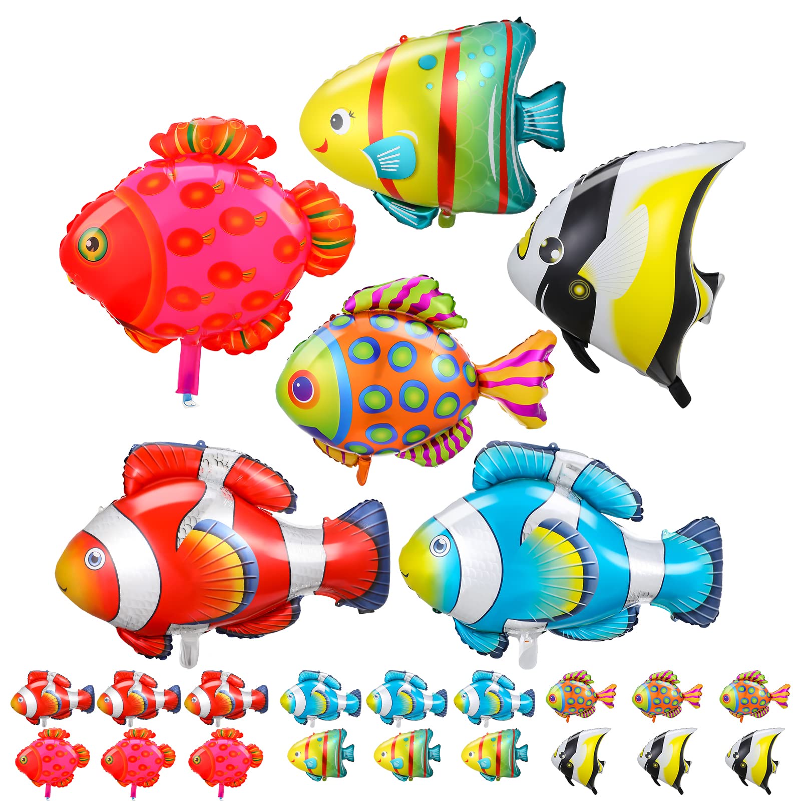 Karenhi 24 Pcs Large Fish Balloons Clownfish Foil Balloons Tropical Fish Party Decorations Inflatable Fish Ocean Animal Foil Balloons for Kids Birthday Under the Sea Themed Party Decorations