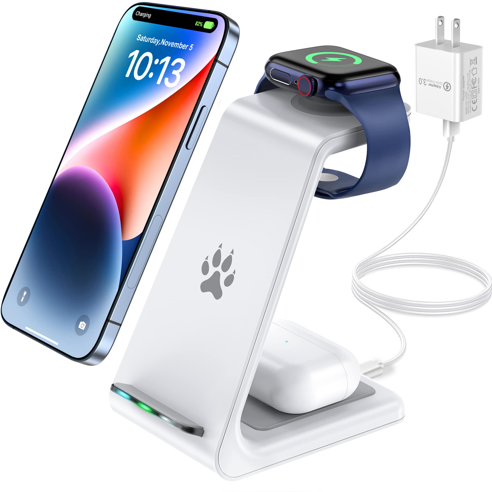 CUCICU Wireless Charger, 3 in 1 Wireless Charging Station Compatible with iPhone 15/14/13 Pro/13/12/11/Pro/SE/XS/XR, Fast Wireless Charging Stand Dock for Apple Watch, Airpods 3/2/Pro(w/Adapter)