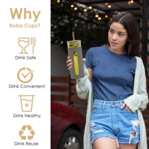 ZKA Global 24 Oz Reusable Boba Cup with Bamboo Lid | 2 Straw With Silicon Tip and Cleaning Brush | Smoothie cup glass tumbler with straw and lid bamboo | Glass Boba Cup with Sleeve