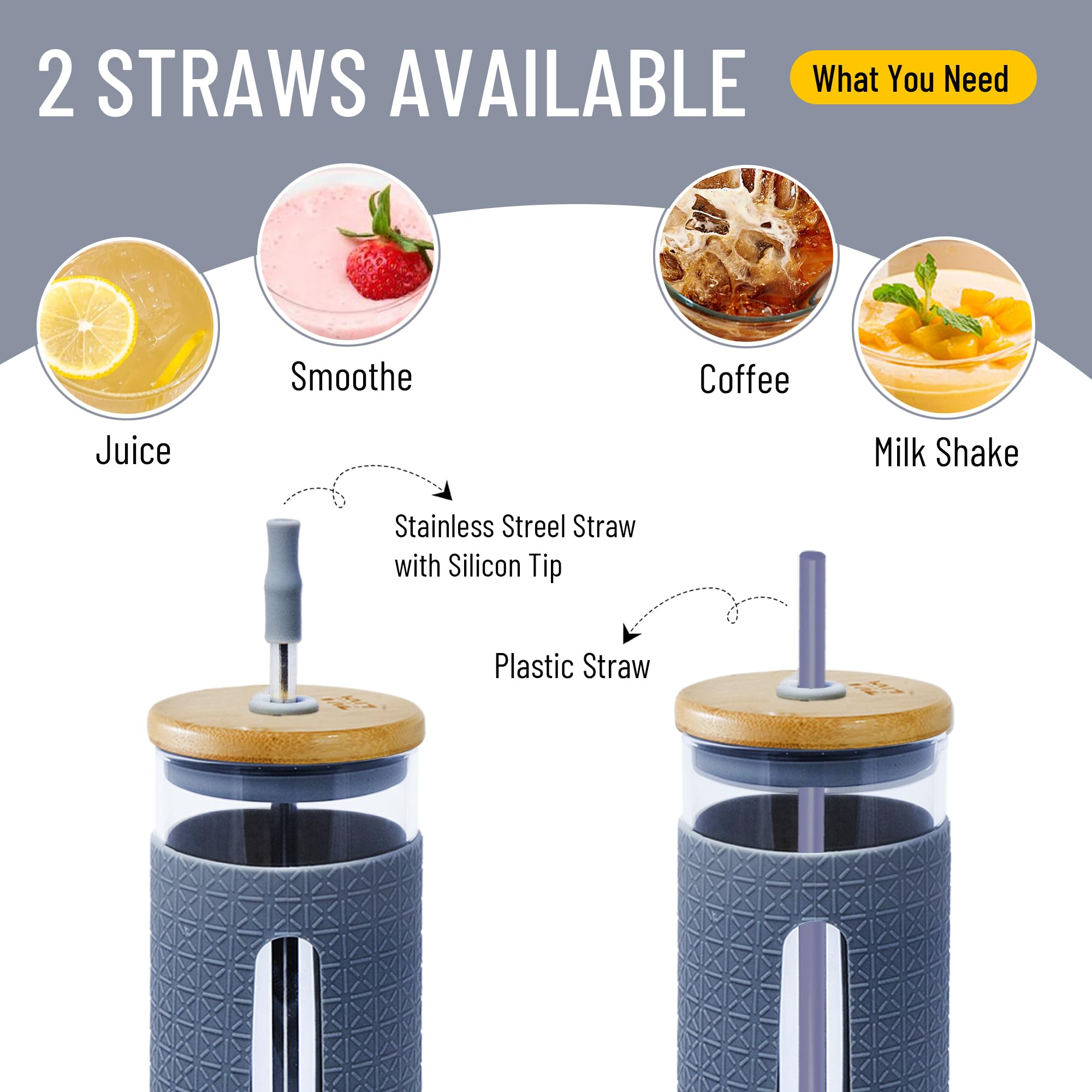 ZKA Global 24 Oz Reusable Boba Cup with Bamboo Lid | 2 Straw With Silicon Tip and Cleaning Brush | Smoothie cup glass tumbler with straw and lid bamboo | Glass Boba Cup with Sleeve