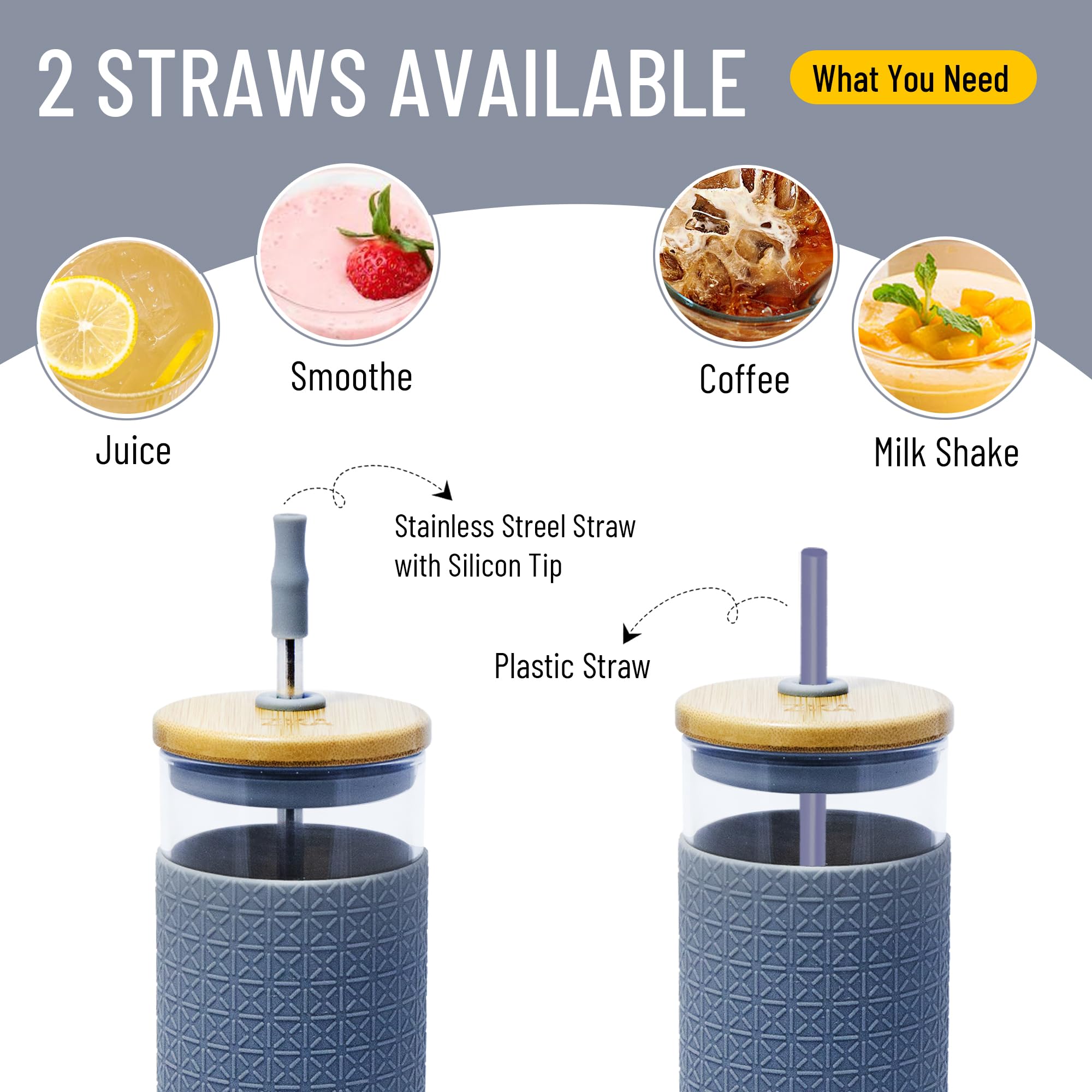 ZKA Global 24 Oz Reusable Boba Cup with Bambo Lid, 2 Straw With Silicon Tip and Cleaning Brush, Glass tumbler with Silicon Protective Sleeve, Glass Smoothie Boba Tumbler Gift Set (Grey)