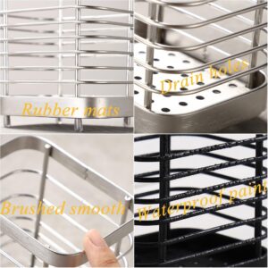 KEINEUX Utensil Holder Kitchen Countertop Organizer, Cutlery Drainer Sink Caddy Storage Drying Rack for Silverware Flatware and Cookware, Stainless Steel, Silver-4"