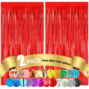 fannev 2pcs foil curtains metallic fringe curtains red, 3.3ft x 8.2ft metallic tinsel curtains for birthday wedding engagement bachelorette party bridal shower baby shower decorations