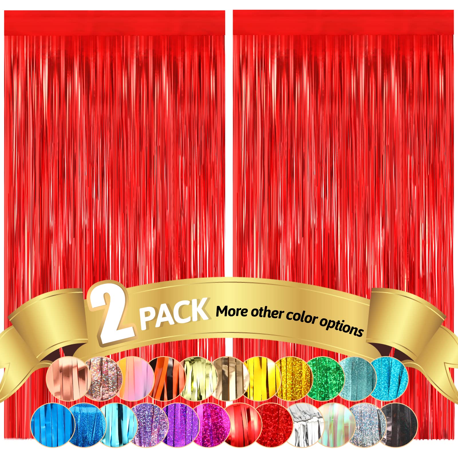 Fannev 2pcs Foil Curtains Metallic Fringe Curtains Red, 3.3ft x 8.2ft Metallic Tinsel Curtains for Birthday Wedding Engagement Bachelorette Party Bridal Shower Baby Shower Decorations