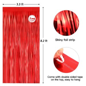 Fannev 2pcs Foil Curtains Metallic Fringe Curtains Red, 3.3ft x 8.2ft Metallic Tinsel Curtains for Birthday Wedding Engagement Bachelorette Party Bridal Shower Baby Shower Decorations