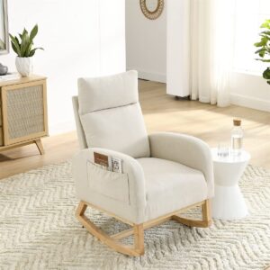 fabric rocking chair nursery chair,modern upholstered high back glider rocking armchair,comfy rocker with padded seat and wood base,two side pocket accent chair for living room bedroom office,beige