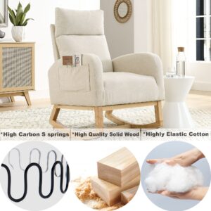 Fabric Rocking Chair Nursery Chair,Modern Upholstered High Back Glider Rocking Armchair,Comfy Rocker with Padded Seat and Wood Base,Two Side Pocket Accent Chair for Living Room Bedroom Office,Beige