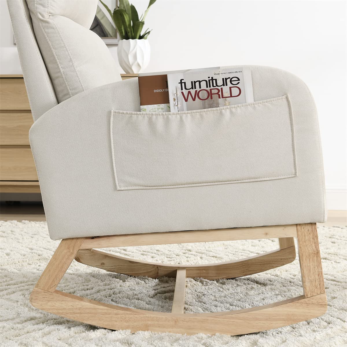 Fabric Rocking Chair Nursery Chair,Modern Upholstered High Back Glider Rocking Armchair,Comfy Rocker with Padded Seat and Wood Base,Two Side Pocket Accent Chair for Living Room Bedroom Office,Beige