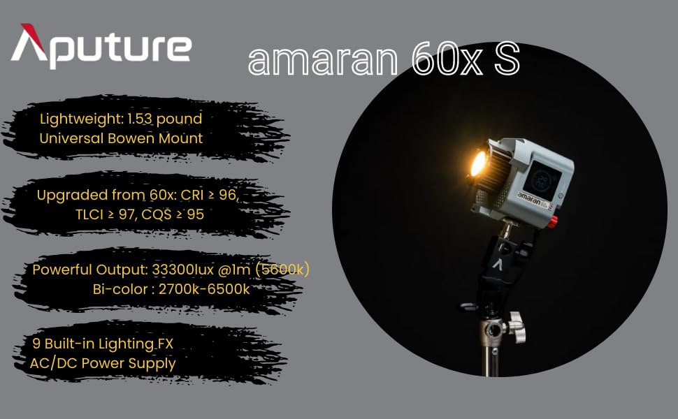Aputure Amaran 60X S Bi Color LED Video Light 2700-6500K, Upgraded TLCI 97+ CRI 96+ SSI 87+, 9 Lighting Effects, APP Control, DC/AC Power Supply with Ginisfoto Cloth for Studio and Filming