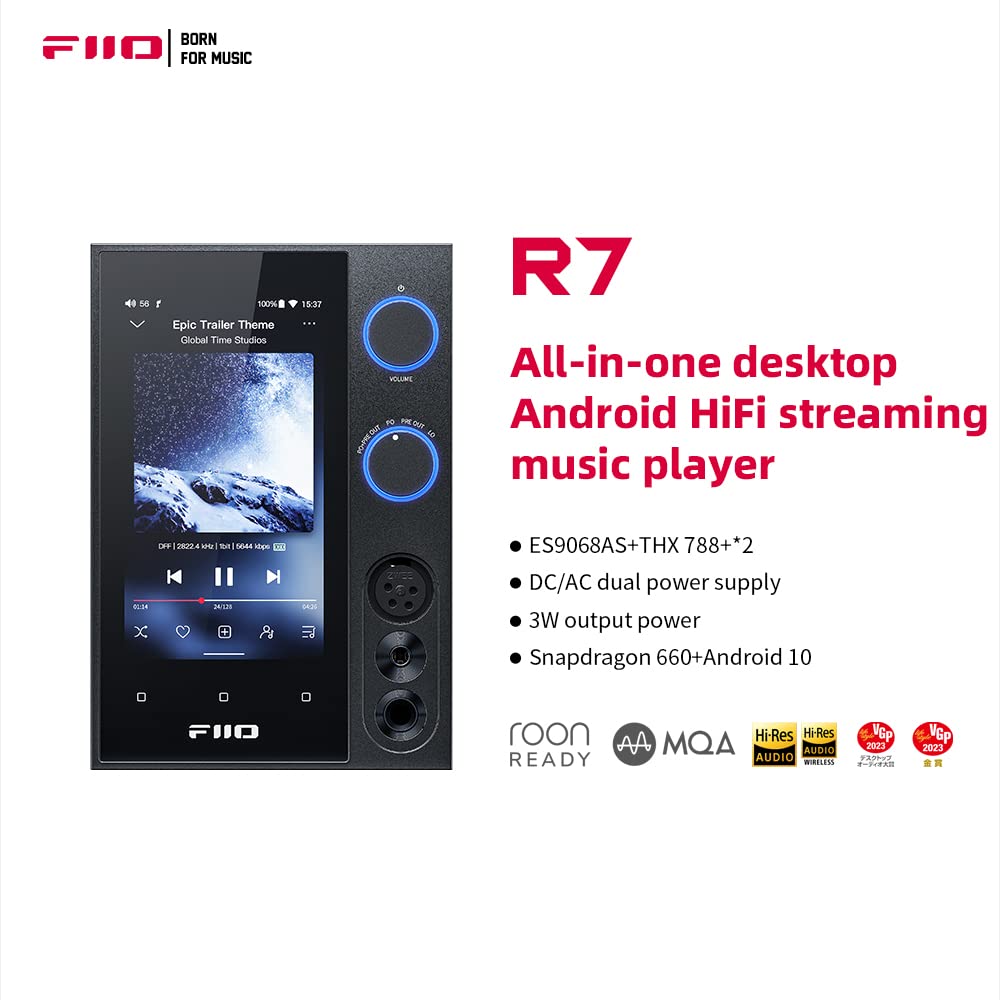 FiiO R7 Snapdragon 660 Desktop Android 10 HiFi Streaming Music Player AMP/DAC ES9068AS chip/THXAAA 788 Headphone Amplifier Bluetooth 5.0 DSD512 Spotify/Tidal/Amazon Music Support (Black)