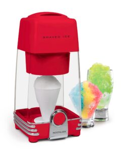 nostalgia retro electric table-top snow cone maker, vintage shaved ice machine includes 1 reusable plastic cup and ice mold, red