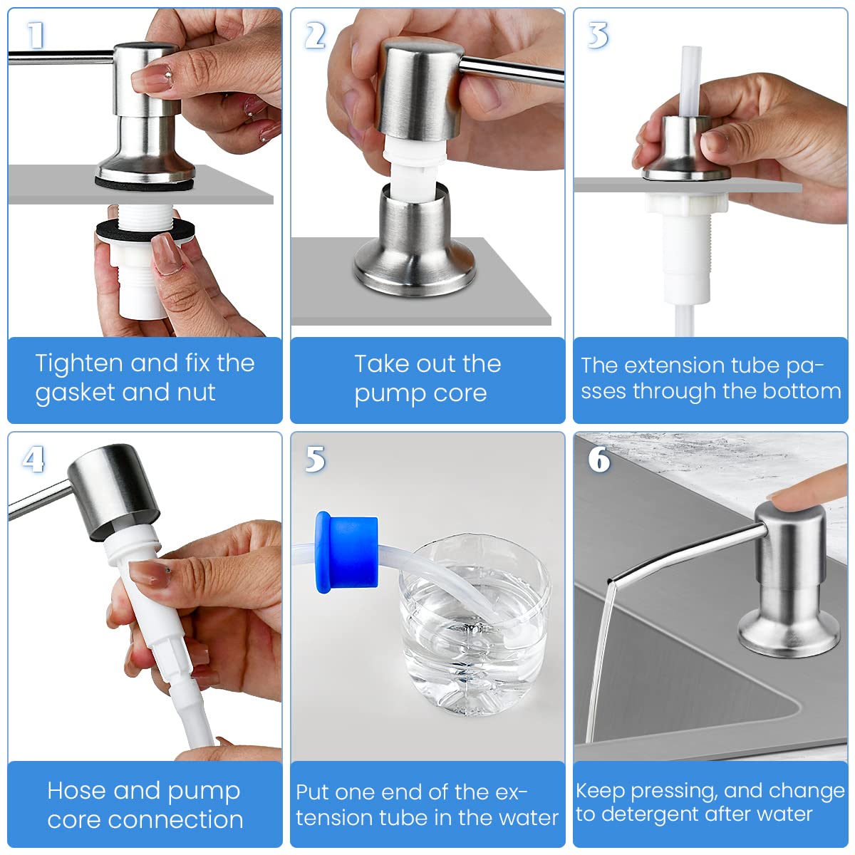 1 Pcs Dish Soap Dispenser for Kitchen Sink, Built in Soap Dispenser Countertop Pump Head with 49 in Extension Tube fit Kitchen Bathroom