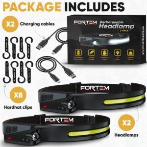 FORTEM Headlamp Rechargeable 2-Pack, 230° Wide Beam LED Head Lamp w/Motion Sensor, 6 Modes for Mechanic, 350 Lumen Hardhat Flashlight, Waterproof Headlight for Camping, Running, Hiking, Cycling
