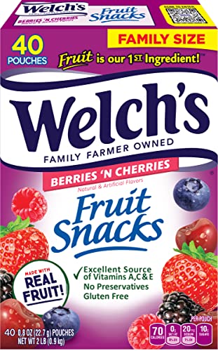 Welch's Fruit Snacks, Berries 'n Cherries, Perfect for School Lunches, Gluten Free, Bulk Pack, Individual Single Serve Bags, 0.8 oz (Pack of 40)