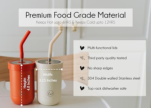 LITTLE ECOS Toddler straw cups spill proof | Set of 2 Stainless steel Baby straw sippy cups for toddlers 2+ 3+ year old | Insulated Kids cup tumblers | Best training cups for toddlers 1-3