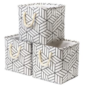 hzzty brny cube storage basket fabric storage bins [3 pack] foldable square canvas bin collapsible linen cubby organizer with handles for shelf closet clothes nursery toy 11” x 11” x 11” white
