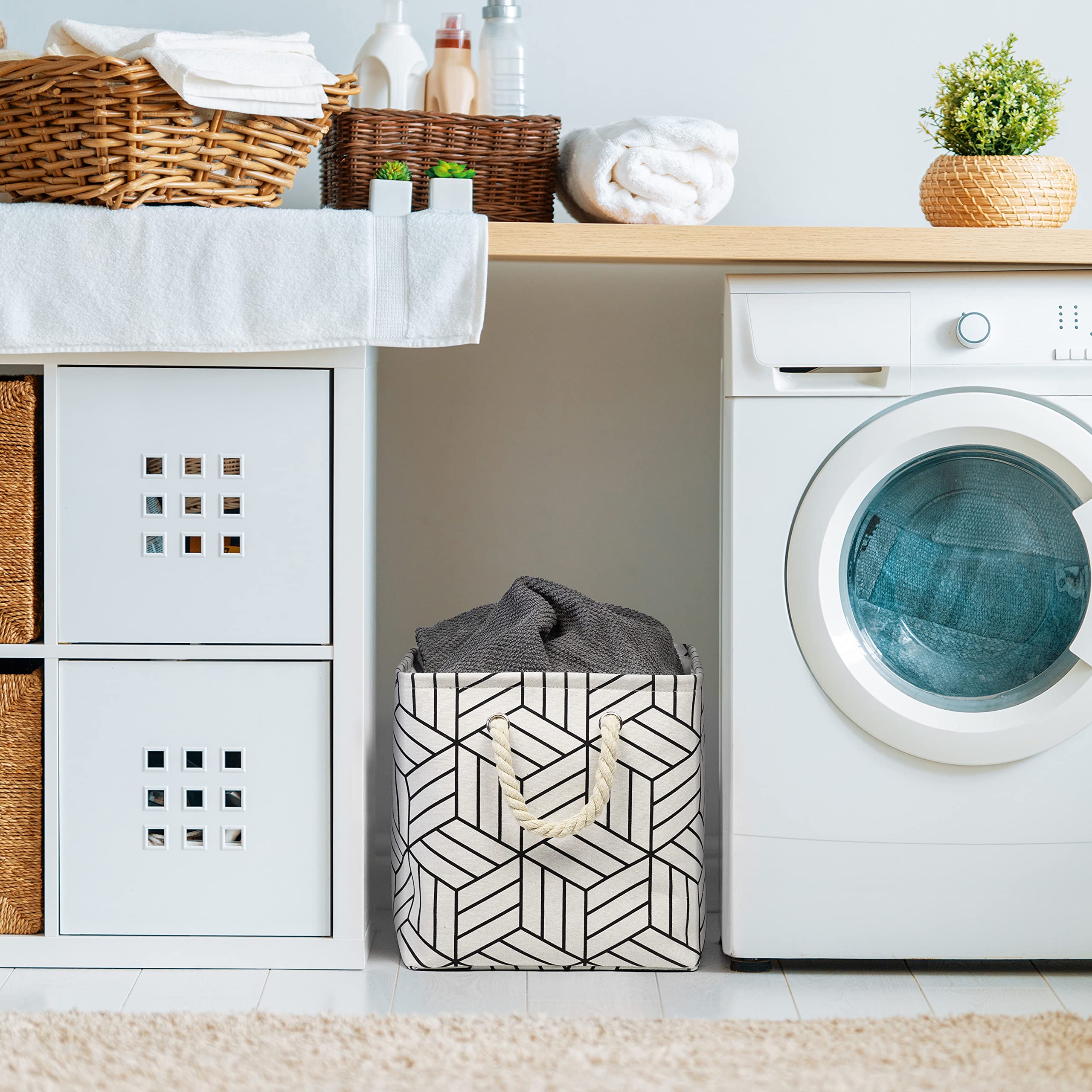 HZZTY BRNY Cube Storage Basket Fabric Storage Bins [3 Pack] Foldable Square Canvas Bin Collapsible Linen Cubby Organizer with Handles for Shelf Closet Clothes Nursery Toy 11” x 11” x 11” White