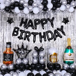 black and silver happy birthday party decorations for men women boys girls him her with 94pcs black white silver balloons black happy birthday banner foil balloons fringe curtains crown beer balloons