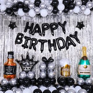 Black and Silver Happy Birthday Party Decorations for Men Women Boys Girls Him Her with 94pcs Black White Silver Balloons Black Happy Birthday Banner Foil Balloons Fringe Curtains Crown Beer Balloons