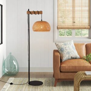 industrial tall floor lamp for living room bamboo lampshade, black lights fixtures with cord on/off switch e26 base industrial modern wire wood decoration standing lamp for bedroom (no bulb)