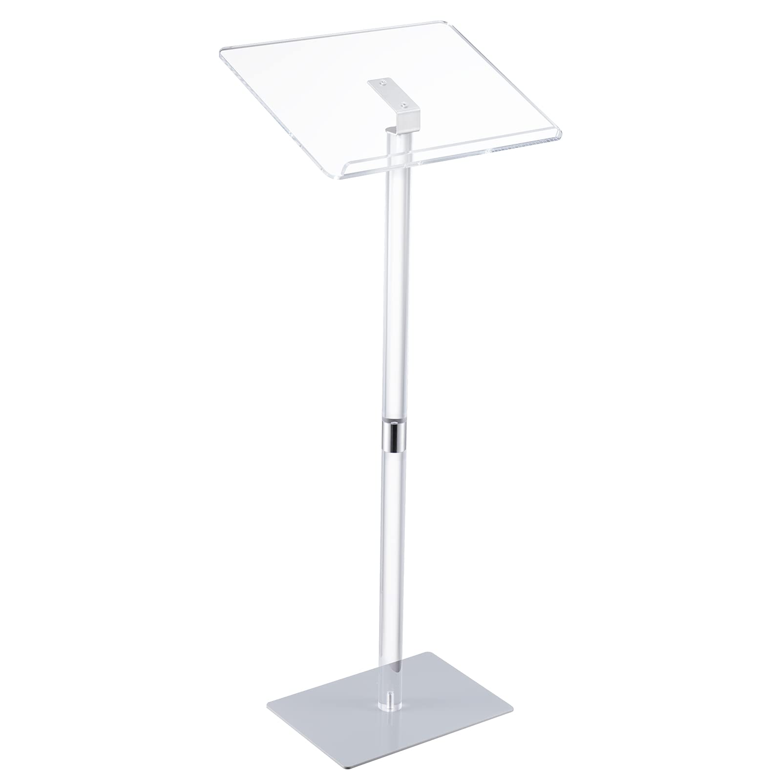 HMYHUM Small Acrylic Podium Stand, 17.7" L x 13" W x 41.7" H, Clear Lecterns & Pulpits for Classroom, Concert, Churches, Speech, Easy Assembly, Metal Base, Modern