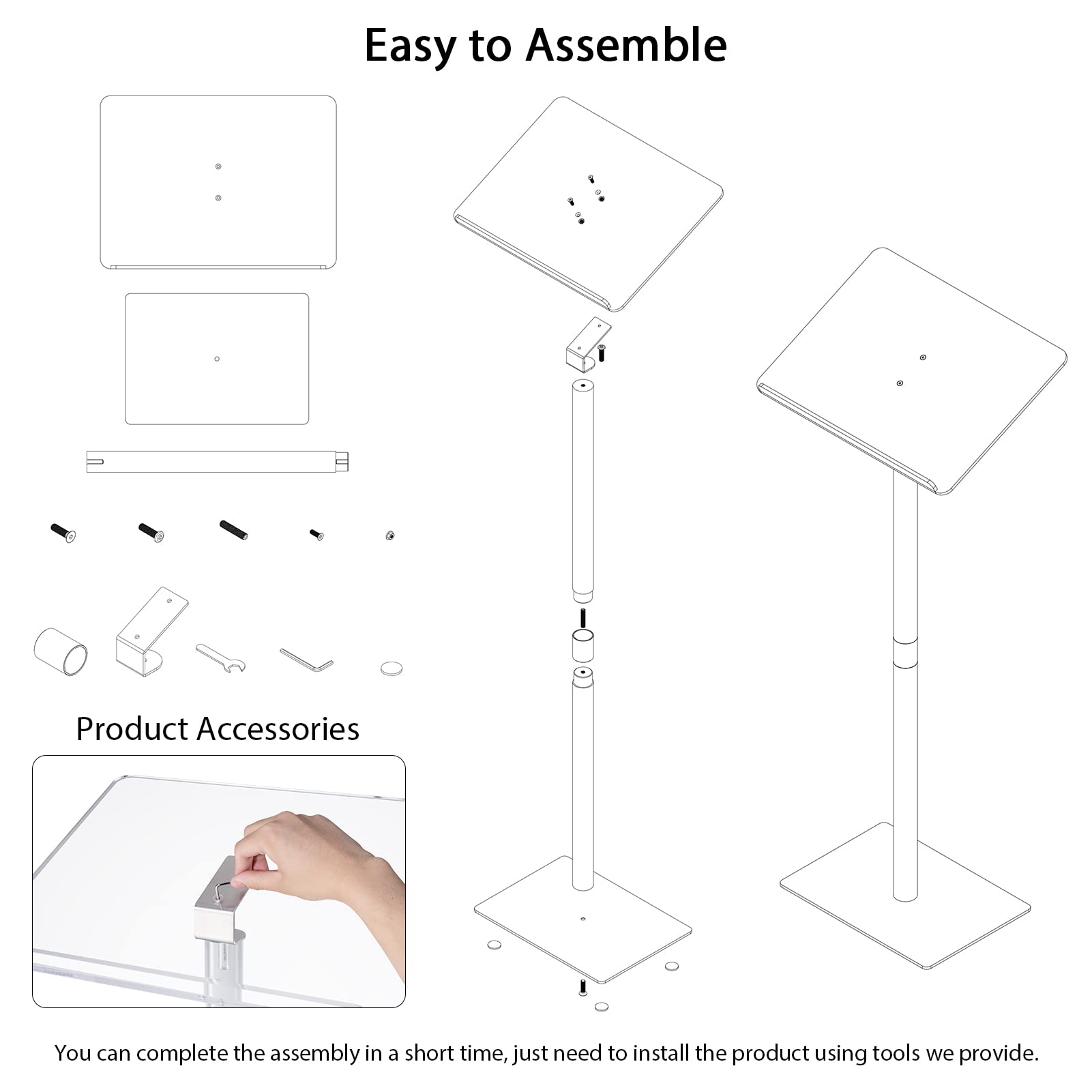 HMYHUM Small Acrylic Podium Stand, 17.7" L x 13" W x 41.7" H, Clear Lecterns & Pulpits for Classroom, Concert, Churches, Speech, Easy Assembly, Metal Base, Modern