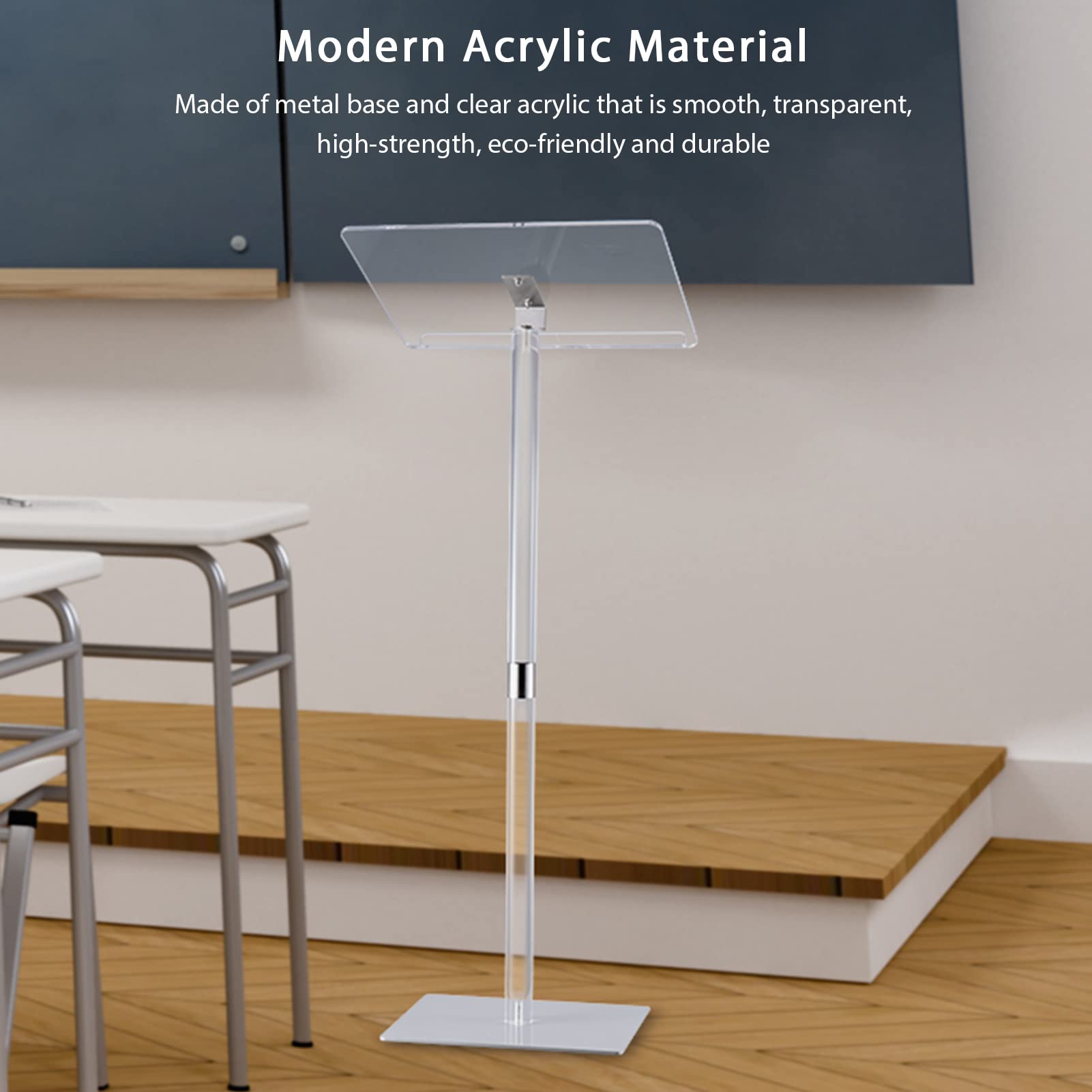 HMYHUM Small Acrylic Podium Stand, 17.7" L x 13" W x 41.7" H, Clear Lecterns & Pulpits for Classroom, Concert, Churches, Speech, Easy Assembly, Metal Base, Modern