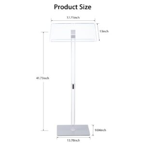 HMYHUM Small Acrylic Podium Stand, 17.7" L x 13" W x 41.7" H, Clear Lecterns & Pulpits for Classroom, Concert, Churches, Speech, Easy Assembly, Metal Base, Modern