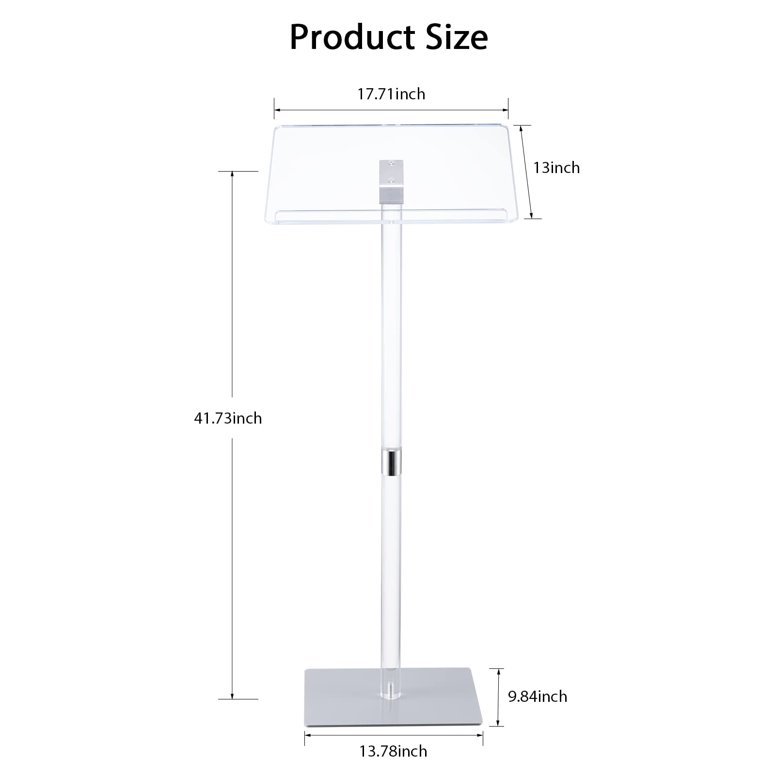 HMYHUM Small Acrylic Podium Stand, 17.7" L x 13" W x 41.7" H, Clear Lecterns & Pulpits for Classroom, Concert, Churches, Speech, Easy Assembly, Metal Base, Modern