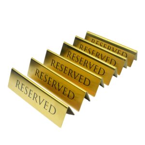 golden metal table top reserved sign for restaurants, wedding, ceremony and events, double sided tent, 6x1.75 inches (pack of 6)