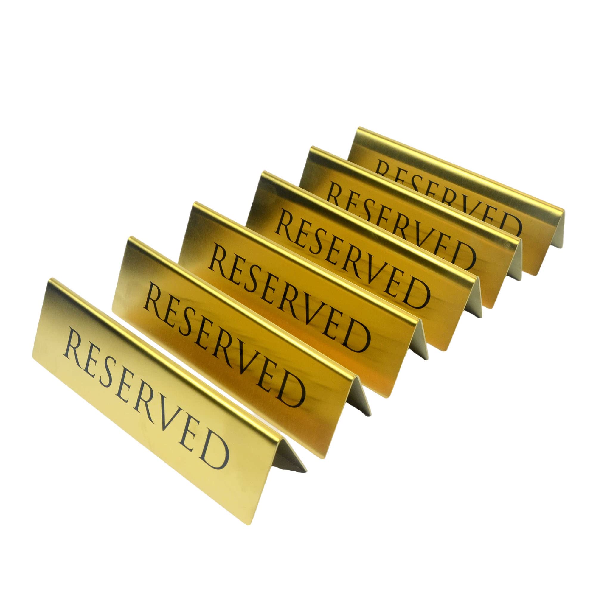 Golden Metal Table Top Reserved Sign for Restaurants, Wedding, Ceremony and Events, Double Sided Tent, 6x1.75 inches (Pack of 6)