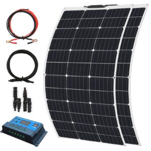 wuzeck flexible solar panel 200w 12v/24v starter kit, 2x100w monocrystalline solar panel,20a charge controller power for rvs,boat,caravan (200w solar panel kit)
