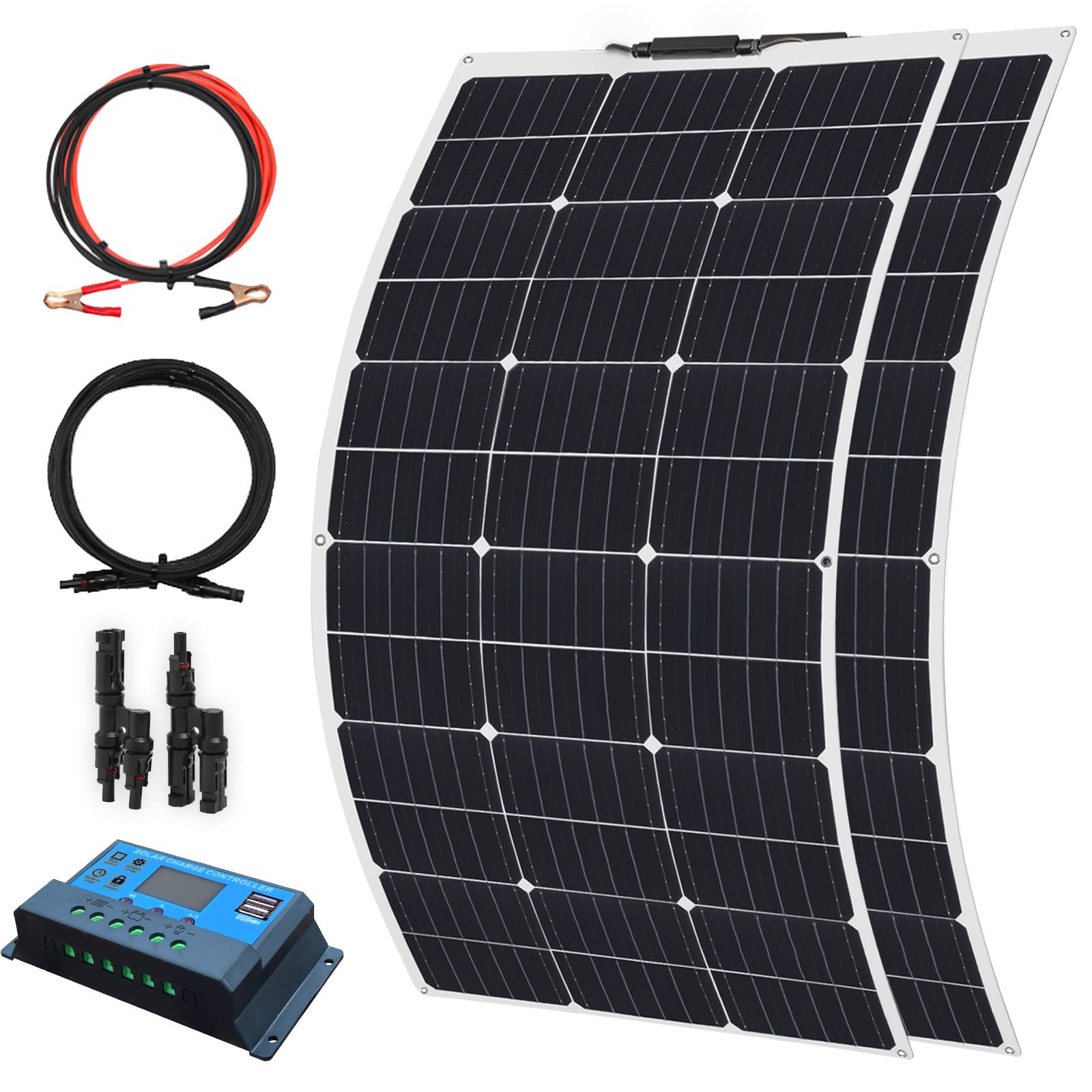 WUZECK Flexible Solar Panel 200W 12V/24V Starter Kit, 2X100W Monocrystalline Solar Panel,20A Charge Controller Power for RVs,Boat,Caravan (200W Solar Panel kit)