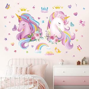 decalmile 2 large size unicorn wall decals pink rainbow heart wall stickers girls bedroom baby nursery kids room wall decor gifts for kids