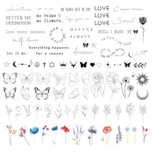 realistic temporary tattoo - 86 sheets tiny small fake tattoos, 24 pcs inspirational quotes words fake tattoo, 62 pcs long lasting wild flower floral bouquet leaf adult fake tattoos stickers