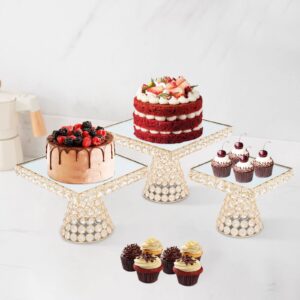 3 piece crystal cake stands, gold round crystal cupcake stand with square tray present dessert stands for wedding brithday party celebration dessert display(3pcs/ gold square)