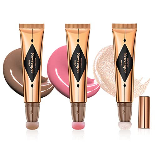 3 Pcs Liquid Contour,Liquid Highlighter,Liquid Blush Stick Makeup Kit, Long Lasting Smooth Lightweight Luminizer Fair Contour+Pink Blush+Pearl White Highlight